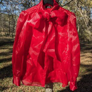 Halogen X Atlantic Pacific Bow Collar Blouse Medium Red Organza Ascot Button Up